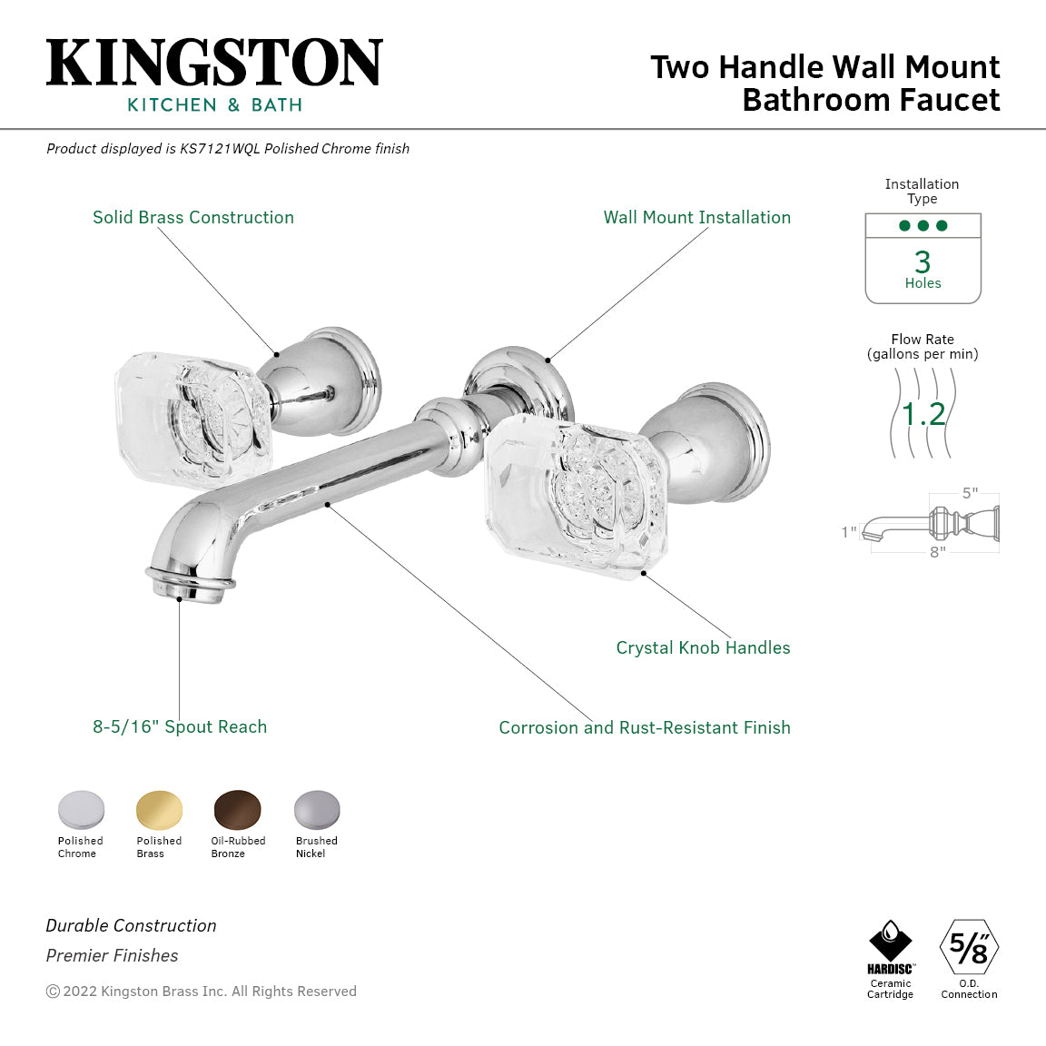 Kingston Tulare KS7125WQL - Krystal Onyx Double-Handle 3-Hole Wall Mount Bathroom Faucet, Oil Rubbed Bronze — thumbnail 2